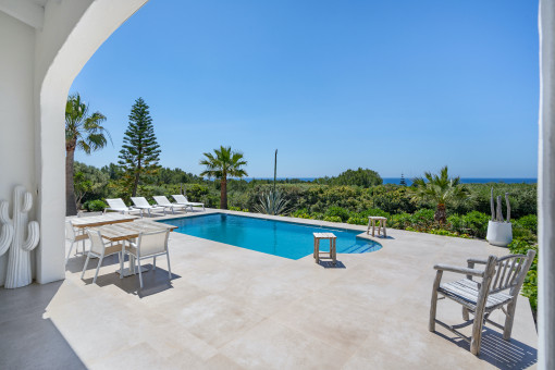 Kleines Finca Paradies mit Pool und Panoramablick bis zum Meer in den Hügeln von Sant Lluis, Binisafua